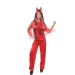 Disfraz de diablesa rojo, compuesto por camiseta con lentejuelas en la parte delantera, mangas de encaje y tul, pantalón ajustado y diadema roja con cuernos