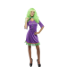 Disfraz de Joker para mujer en color lila con escote en pico, bordes con tull verde brillante, botones verdes, pajarita verde y sin peluca incluida