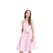 Disfraz de Barbie para niña, vestido rosa con estampado de cuadros y detalle de lazo decorativo.