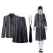 Disfraz de Miércoles Addams para mujer, compuesto por falda a rayas negras y grises, blazer a rayas y corbata con nudo ya hecho