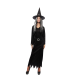 disfraz bruja largo elegante, vestido negro con mangas de pico, sombrero de bruja con cinturón