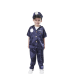 Disfraz de Policía para Niño con camisa azul de manga corta, pantalón a juego y gorra con placa. Incluye detalles como el texto ‘POLICÍA’ y bolsillo decorativo.