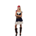 Disfraz de pirata mujer inspirado en Jack Sparrow con vestido en azul y blanco, cinturón marrón, pañuelo rojo y cubrebotas marrones.