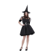 Vestido negro corto de bruja con mangas de tul y falda pomposa, confeccionado en poliéster y tul de alta calidad.