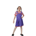 isfrazada de Chucky en versión femenina, con vestido que simula peto morado y camiseta de rayas, estilo muñeca diabólica para Halloween