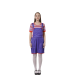 disfraz de muñeca malvada compuesto por vestido púrpura tipo peto con camiseta de rayas. Look retro, siniestro y colorido para Halloween.