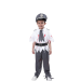 Disfraz infantil de policía zombie con detalles sangrientos en camiseta y pantalones, acompañado de gorra, cinturón y corbata.