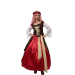 Disfraz medieval de mujer con corsé marrón, falda roja y velo renacentista.
