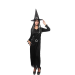 Disfraz de Bruja Clásica para mujer con vestido negro, mangas acampanadas y bajo en picos. Incluye cinturón con hebilla plateada y gorro negro a juego.