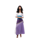 Disfraz Princesa Zíngara Esmeralda, vestido de una sola pieza en blanco y azul con cinturón negro y falda larga lila, acompañado de pañuelo lila con monedas.