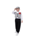 Disfraz de chulapo para niño compuesto por camisa blanca, pantalón negro, chaleco a cuadros y pañuelo blanco, ideal para celebraciones tradicionales.