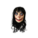 Máscara de látex de Momo con pelo largo oscuro, diseño realista y terrorífico.