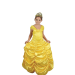 Disfraz de Bella para niña, vestido dorado con corte princesa, rosa en el pecho y guantes elegantes.