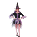 disfraz bruja sexy corto mujer, disfraz morado y negro Halloween, disfraz con tul y arañas, disfraz bruja telarañas mujer