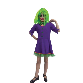 reina del Caos, disfraz infantil chaqueta morada y falda verde, disfraz payasa psicodélica Halloween