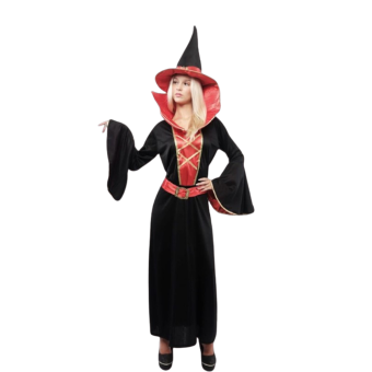disfraz bruja mujer vestido largo negro, disfraz bruja con corset rojo falso, disfraz bruja cuello alto sombrero, disfraz Halloween elegante mujer