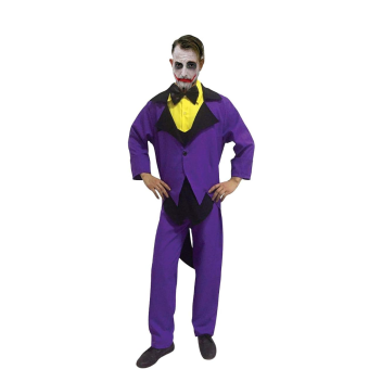 disfraz inspirado en Joker hombre, traje morado con pajarita negra, disfraz villano elegante, disfraz Halloween cómic