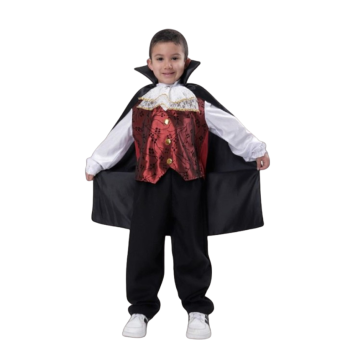 disfraz vampiro con camisa blanca, chaleco negro y capa con cuello alto, disfraz Halloween infantil elegante