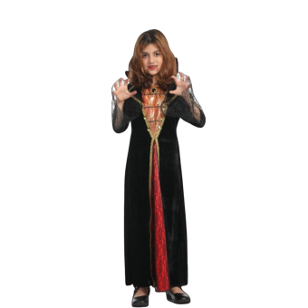 disfraz vampira elegante niña, vestido largo negro con cuello alto, disfraz Halloween con broche brillante