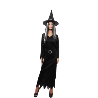 disfraz bruja largo elegante, vestido negro con mangas de pico, sombrero de bruja con cinturón