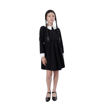disfraz miércoles addams niña vestido negro,
niña disfraz gótico halloween,
vestido niña negro cuello blanco,
disfraz oscuro infantil