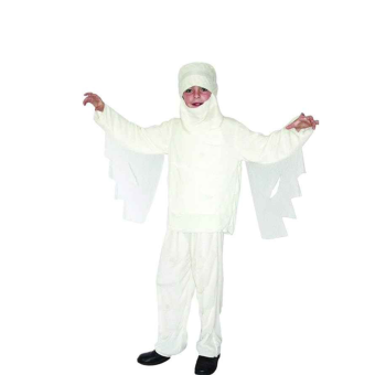 disfraz de momia blanca para Halloween, con capucha y vendajes simulados, brazos extendidos en pose aterradora."