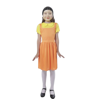 disfraz mujer juego del calamar, disfraz muñeca luz roja luz verde, vestido naranja cuello amarillo halloween mujer