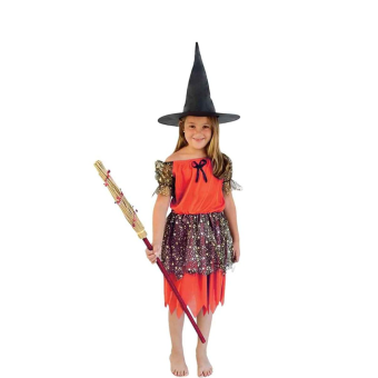 Disfraz de bruja naranja para niña con vestido y sombrero de pico
