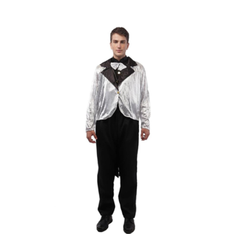 Disfraz de smoking con chaqueta Plata con lentejuelas, chorrera roja y pajarita cosida para un look elegante estilo pingüino.