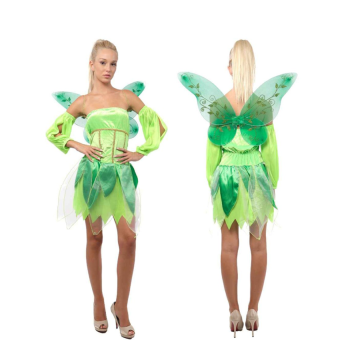 disfraz de hada estilo Campanilla con vestido verde, mangas sueltas y alas decoradas. D