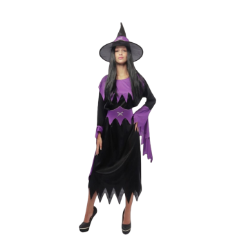 disfraz bruja negro y lila mujer, disfraz bruja con cinturón cuerdas, disfraz Halloween mujer con sombrero pico, disfraz con picos en mangas y vestido