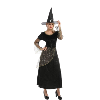 disfraz bruja elegante mujer, disfraz bruja con estrellas y tul, disfraz bruja con sombrero hebilla, disfraz místico mujer Halloween