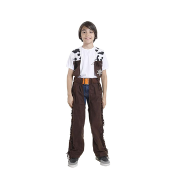 Este disfraz incluye una camiseta blanca de manga corta, con un chaleco estampado de vaca, que aporta un toque auténtico y divertido. Además, el conjunto se completa con una prenda tipo pantalón que se coloca sobre la ropa