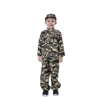 Disfraz completo con camisa de manga larga, pantalones y gorra de camuflaje. Perfecto para juegos, fiestas y carnavales.