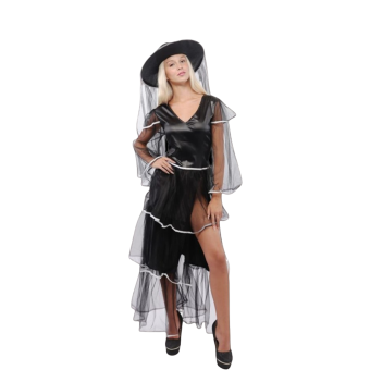 disfraz viuda negra sexy mujer, disfraz Halloween elegante negro, disfraz con raja y tul, disfraz gótico con sombrero