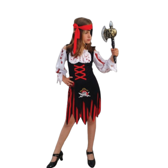 niña con disfraz pirata zombie, vestido roto con manchas de sangre, cinturón y pañuelo pirata niña Halloween