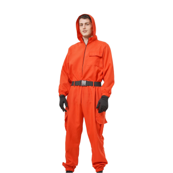 disfraz Juego del Calamar hombre, mono rojo con capucha y cinturón, disfraz guardia serie coreana, disfraz Halloween