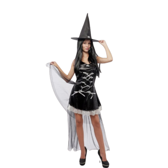 disfraz bruja cuero mujer, disfraz bruja sexy con calavera, disfraz gótico Halloween mujer, vestido corto bruja con corset