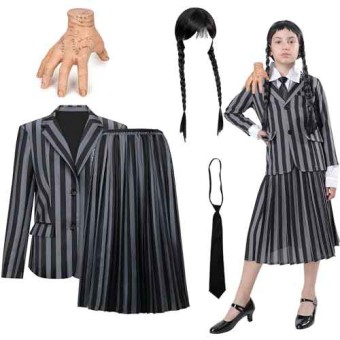 Disfraz Miercoles Addams Niña Uniforme Halloween, Disfraz Miercoles Addams Mujer Uniforme, Vestido Miercoles Addams Niña, Peluca Miercoles, Cosa Mano Familia Adams