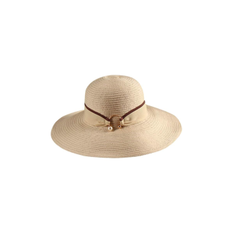 Sombrero blanco de paja con cinta elegante y perlas decorativas para mujer – Moda verano y protección solar