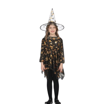 disfraz bruja niña, vestido negro con estampado de Halloween, disfraz económico con sombrero, disfraz niña calabazas gatos escobas