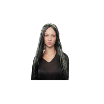 Peluca zombie negra con mechón verde para mujer, perfecta para Halloween.