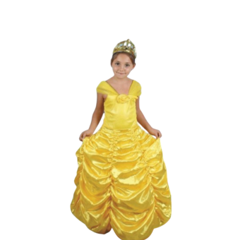 Disfraz de Bella para niña, vestido dorado con corte princesa, rosa en el pecho y guantes elegantes.